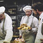 The stars of Victorian Bakers John Foster, John Swift, Duncan Glendinning filming in the kitchen at Dunn's Bakery. PHOTO: BBC/Wall to Wall/Joe Sarah