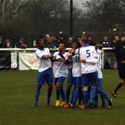 Towners celebrate Tyler Campbell's goal. Picture: Phil Davison