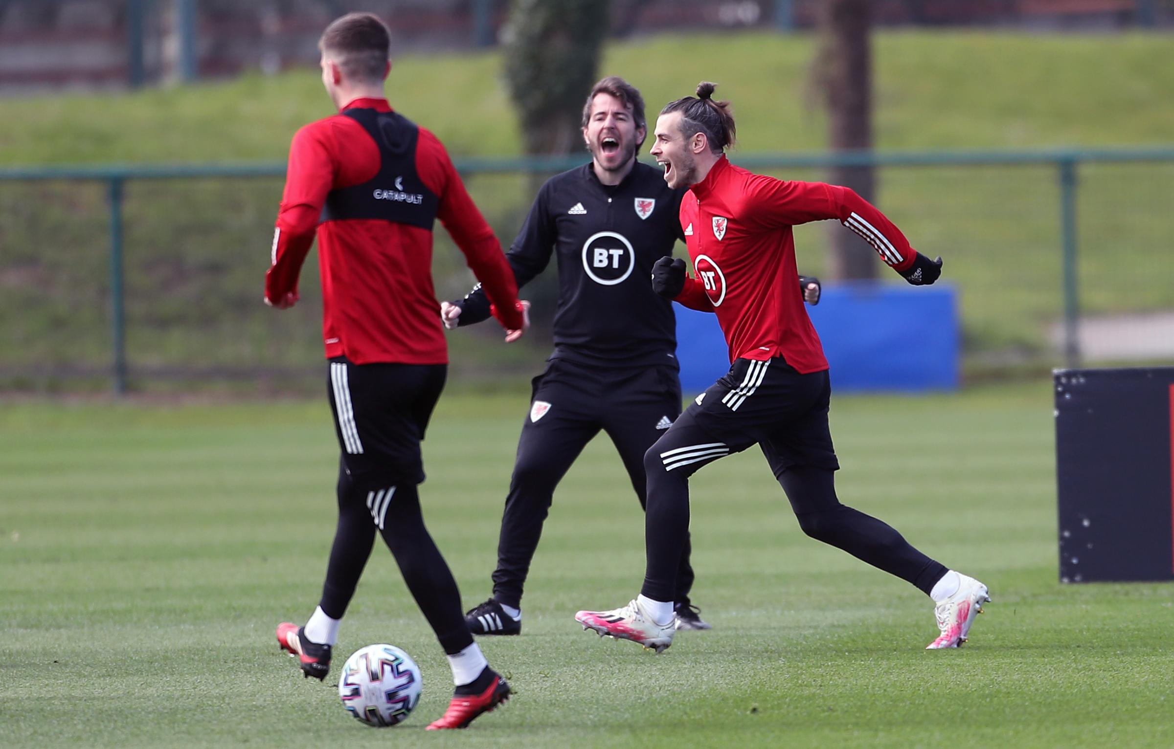 Wales Gareth Bale celebrates during the training session at The Vale Resort, Glamorgan. Picture date: Tuesday March 23, 2021.