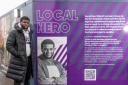 Verral Paul-Walcott with his Tottenham Hale Local Hero tribute on the hoarding on the North Island site at Tottenham Hale
