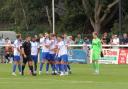 Enfield Town celebrate Sam Youngs goal in the FA Cup. Picture: PHIL DAVISON