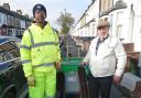 Roadsweeper Tony Smith meets Cllr Jewell on his rounds in  King Edward’s Road
