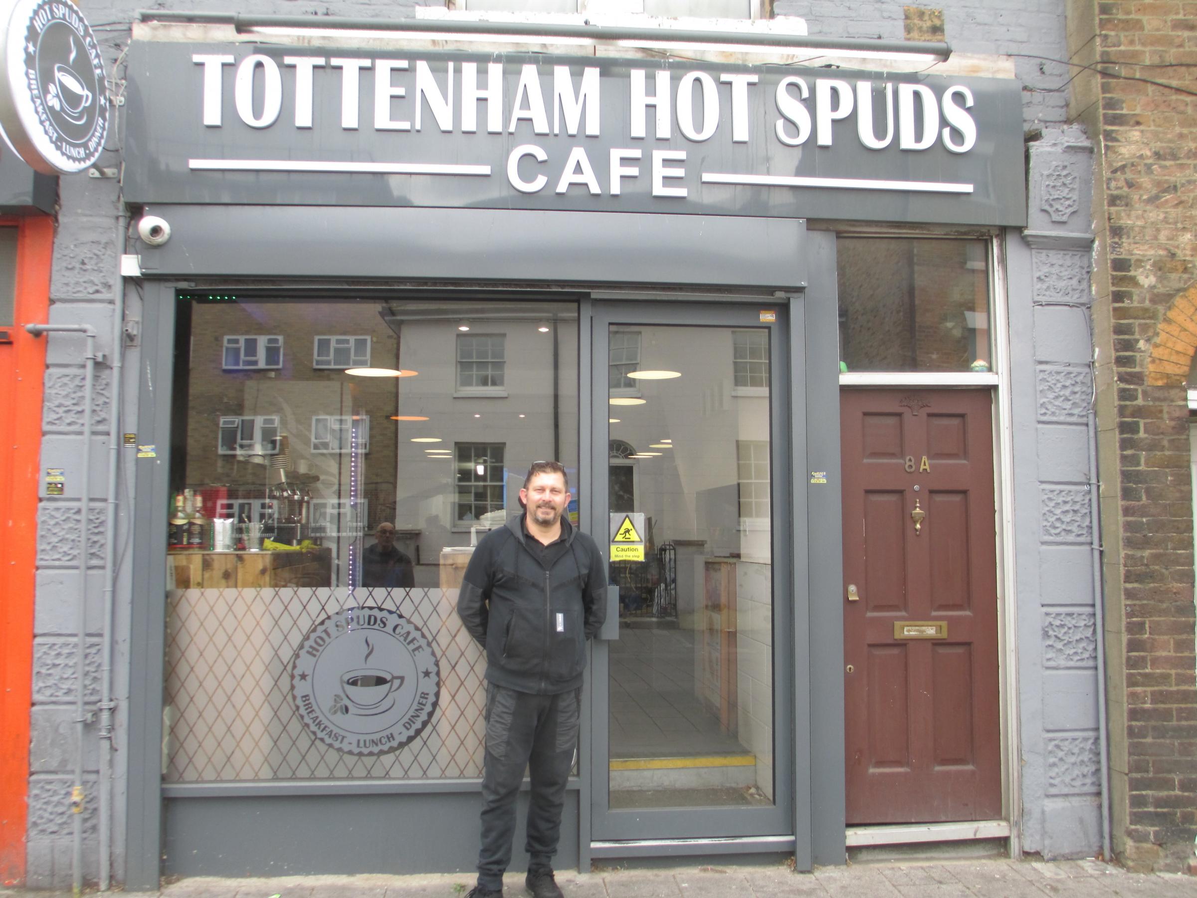 Devrim Tangul outside Tottenham Hot Spuds Cafe in White Hart Lane