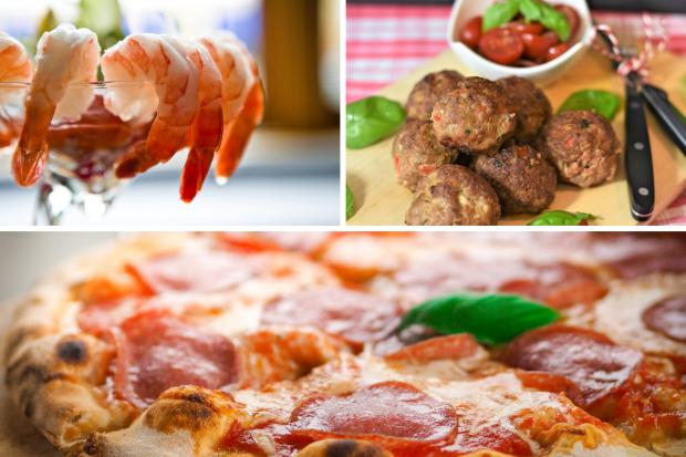 Enfield Independent: (Top left clockwise) Prawn cocktail, Meatballs, Pizza. Credit: PA/Canva
