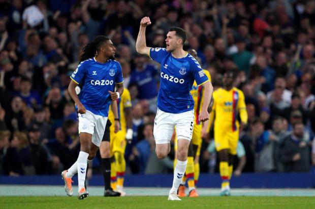 Everton's Michael Keane celebrates scoring their side's first goal of the game during the Premier League match at Goodison Park, Liverpool