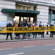 Campaigners protest against the incinerator rebuild outside the NLWA meeting venue in Camden