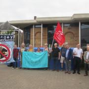 A protest against the High Road West plans before the meeting at Tottenham Green leisure centre