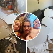 Deanne Harding with her children and (inset) damage to her flat. Pictures: Deanne Harding
