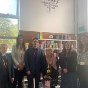 l-r: Claire Skipp, librarian, Holly Mein from Year 11, Kate Steadman, chair of The Spencer Steadman Trust, Hugh Davies, trustee of The Spencer Steadman Trust, Nadira Alom – Year 13, Nesil Caliskan – Enfield Council leader, and Katie Marshall,