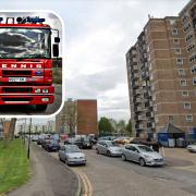 The Metropolitan Police are investigating after fire damaged part in a hallway on the fifth floor of a block of flats in Ayley Croft, Enfield, this morning