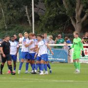 Enfield Town celebrate Sam Youngs goal in the FA Cup. Picture: PHIL DAVISON