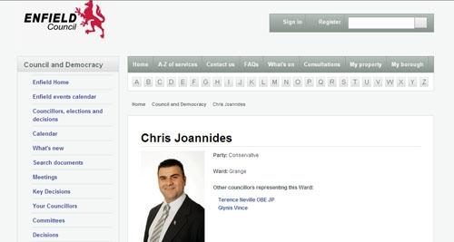 Councillor Chris Joannides’ profile remains on Enfield Borough Council's website