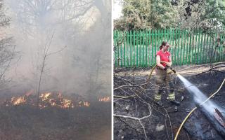 A fire at Rammey Marsh (left) and a firefighter damping down the blaze on Turkey Street (right). Credit: London Fire Brigade