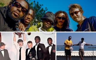 (Top) Ezra Collective, (bottom left) Femi and TJ Koleoso and others winning a Battle of the Bands competition at Enfield Grammar School, and (bottom right) on a school music tour